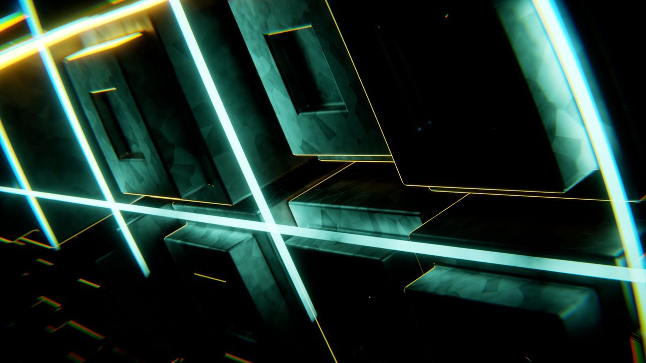 Abstract design with neon lights and geometric shapes creating a futuristic look.