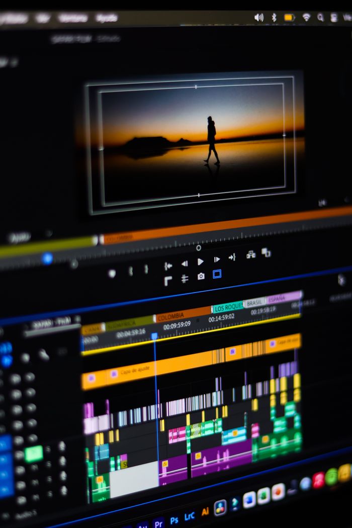 gallery-2 Close-up of video editing software interface on a computer monitor showing timeline and preview.