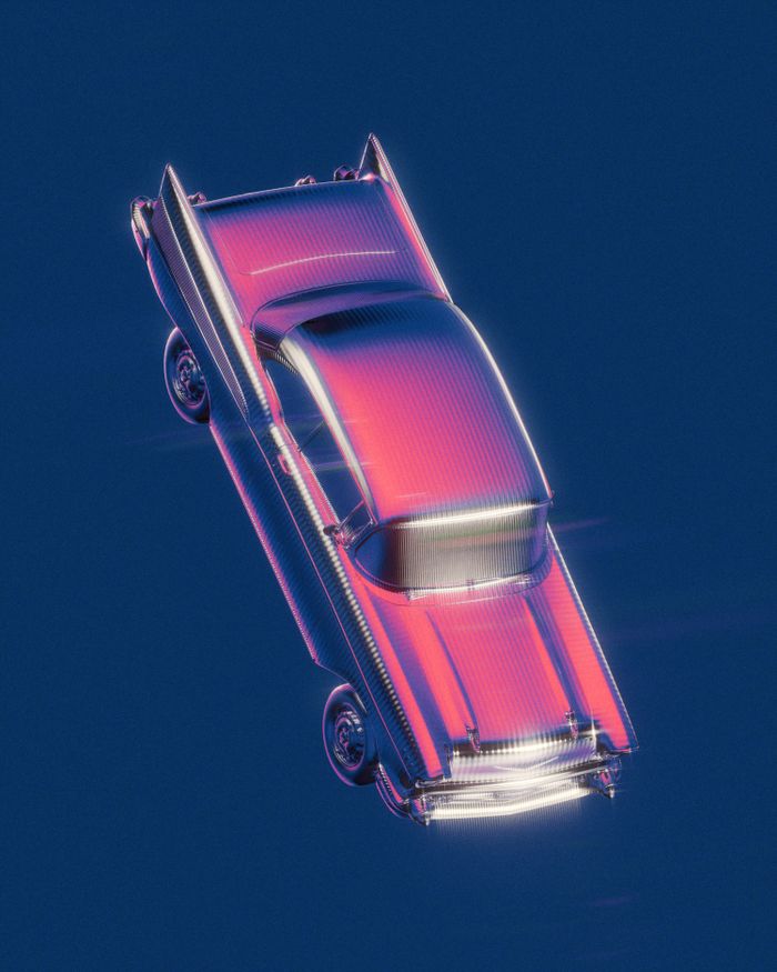 gallery-4 A vivid 3D rendering of a classic car with neon lights against a dark background.